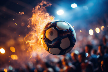 Burning soccer ball flying over football stadium - Generative AI - obrazy, fototapety, plakaty