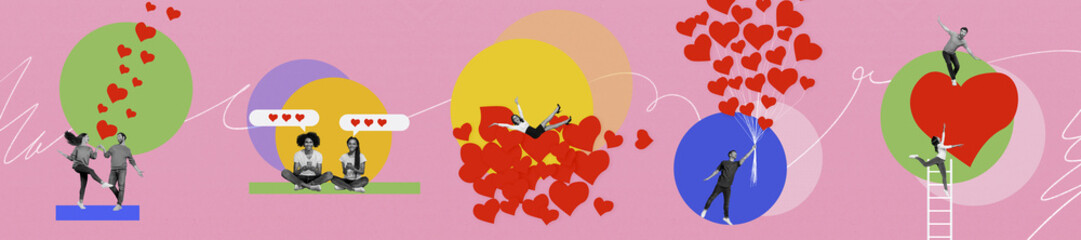 Creative drawing collage picture of funny cute couple panorama valentine day love dating concept magazine surrealism metaphor psychedelic