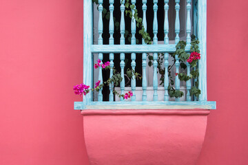 Detail of a pink building and window sill flowers; Cartagena, Bolivar, Colombia
