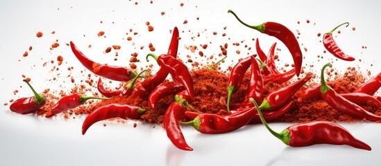 White background Fresh red chilies with chili slices floating in the air