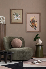 Warm and cozy living room interior with mock up poster frame, patterned rug, green armchair, round coffee table, brown wall, black stool, slippers and personal accessories. Home decor. Template.