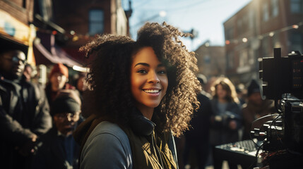Naklejka premium Photo of a young female African American filmmaker directing her peers in an urban setting, showcasing her vision and leadership skills, with a diverse crew working together