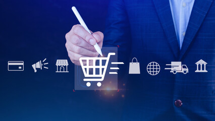 Shopping Online. hand touching online shopping with virtual graphic icon diagram, payment online,...