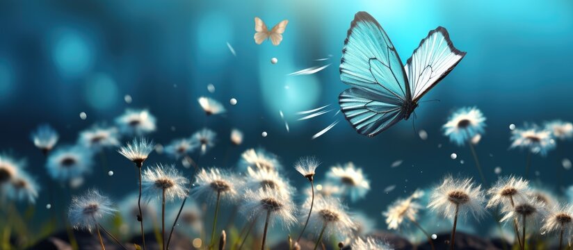 Fototapeta Dandelion flower and blue butterfly on top with seeds blowing in the wind. Soft look