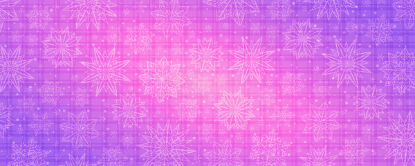 Pink Christmas checked banner with snowflakes. Merry Christmas and Happy New Year greeting banner. Horizontal new year background, headers, posters, cards, website. Vector illustration