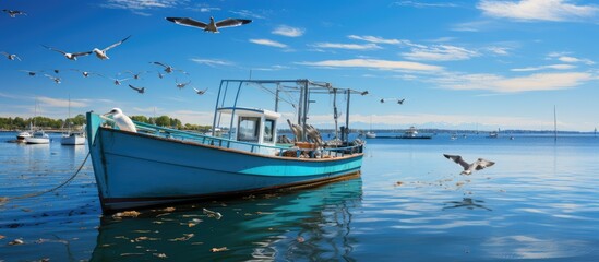 Fishing boats anchored in the harbor with a bright blue sky in the background and birds flying above