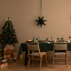 Aesthetic composition of warm dining room interior with table, green tablecloth, christmas tree,...