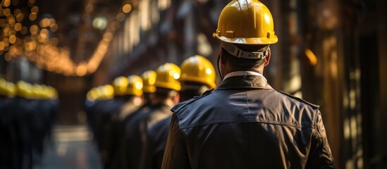 architect holding hard hat standing lead in line ready to work. diverse workers wearing vests, Expert construction project manager leadership