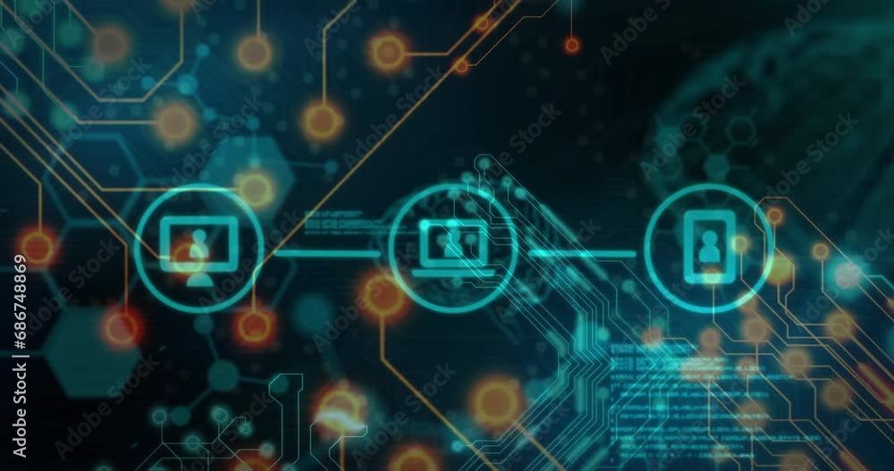 Poster animation of flowchart icons and computer language over circuit board pattern