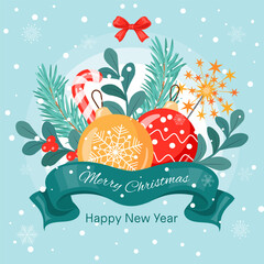 Merry Christmas and Happy New Year. Cute greeting card, poster, banner. Xmas design. Vector illustration