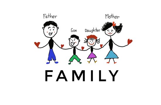 Hand drawn picture cartoon characters of father,mother, daughter and son, hold hands. White background.Concept, warm and happy family. Illustration for using as teaching aids or design for decoration.