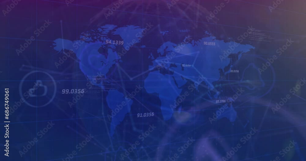 Poster animation of application icons with numbers on map against abstract background