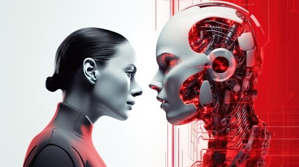 Human and Artificial Intelligence robot looking at each other. Generative AI