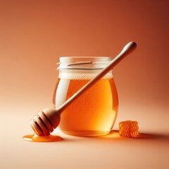 jar of honey with dipper isolated orange background