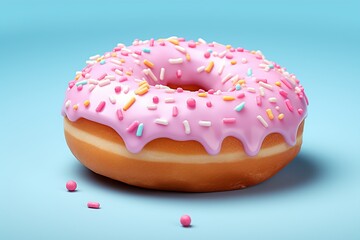 A cute pink donut with glaze is positioned on a blue surface, generously sprinkled and glazed with pink cream.