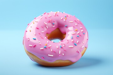 A charming pink donut with glaze sits on a blue surface, embellished with sprinkles and coated in a delightful pink cream.