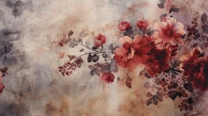 Aged floral patterns emerge from the depths of a noisy, grunge-marbled canvas, exuding an ombre-tinged, ancient allure.