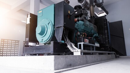 Generator Engine diesel in industrial Power Backup. Generator Room Emergency power supply. Powered by Engine diesel. - obrazy, fototapety, plakaty