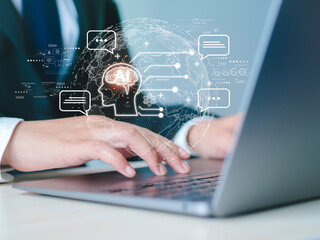 Future technology. Chat with AI. Business people use AI smart robot technology. Artificial intelligence by giving commands to create something. Changes in AI technology by artificial intelligence.