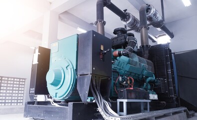 Generator Engine diesel in industrial Power Backup. Generator Room Emergency power supply. Powered...