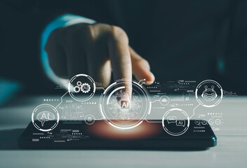 Future technology. Chat with AI. Business people use AI smart robot technology. Artificial intelligence by giving commands to create something. Changes in AI technology by artificial intelligence.