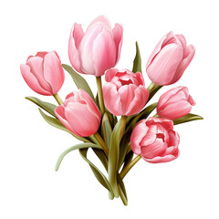 Bouquet of pink tulips on transparent background, realistic illustration. Valentine's Day