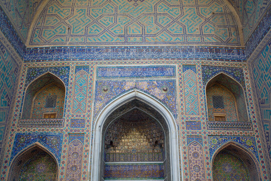 Interior, Islamic arches and tile work in the Tilla-Kari Mosque (completed in 1660) at Registan Square; Samarkland, Uzbekistan