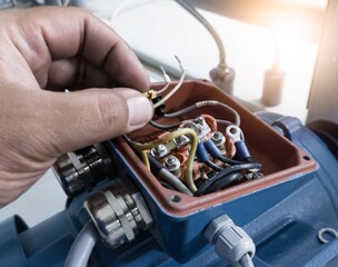 an Electrician Connecting the cable terminals power induction three phase motor.
