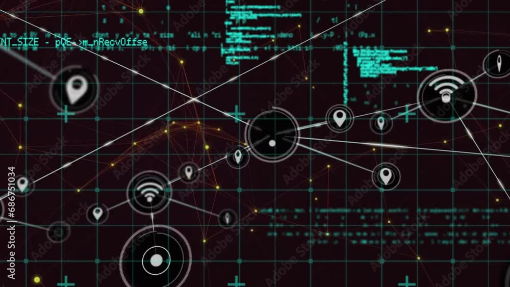 Poster animation of icons connected with lines and computer language over black background