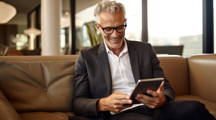 Cheerful senior man with glasses and silver hair is sitting on a sofa, smiling while looking at a tablet against office background