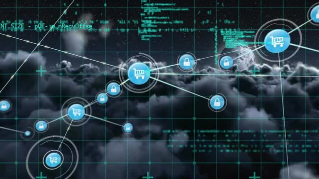 Animation of connected dots and computer language over aerial view of dense clouds in sky