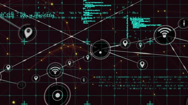 Animation of icons connected with lines and computer language over black background