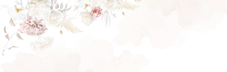 Modern beige and blush trendy vector design banner. Pastel pampas grass, fern, dusty pink rose, white magnolia