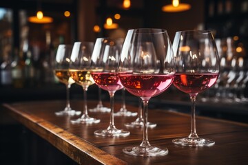 Rows of stylish glasses on the bar counter create a visually appealing setup, signaling a delightful experience of tasting wines and drinks. - obrazy, fototapety, plakaty