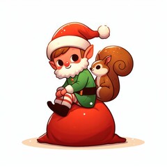 Christmas background with sanda elves,gifts and squirrels