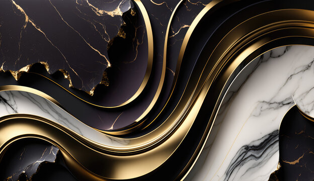 Black and White marble texture with golden viens and waves. Fluid white, black and gold marbled background. Luxury modern backdrop for banner, greeting card, invitation