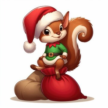 Christmas background with sanda elves,gifts and squirrels