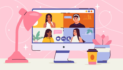 Conference video call concept. Men and women at laptop screen. Communication in social networks. Remote workers and freelancers, students and friends. Cartoon flat vector illustration