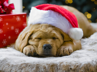 Golden labrador dog sleeping in the house dressed as Santa Claus