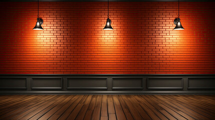 Red Brick Wall Illuminated by Three Lamps