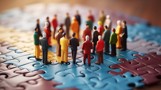 A visual representation of a diverse group of people, each as a piece of a common puzzle. The concept of dissimilarity and uniqueness