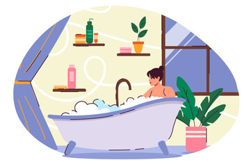 Evening relaxation concept. Woman taking bath. Young girl relax at bathroom. Self love and care. Person in soap bubble. Beauty procedures. Cartoon flat vector illustration isolated on white background