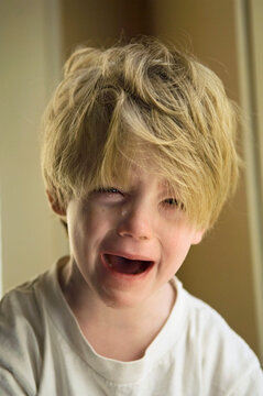 Portrait of a 4-year-old boy crying at his home; Lincoln, Nebraska, United States of America