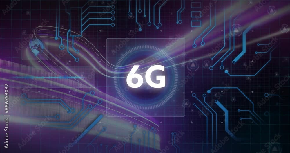 Poster animation of 6g text, globe, circuit board pattern over abstract background