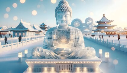 Ice festival background in Harbin, China with buddha ice sculpture.