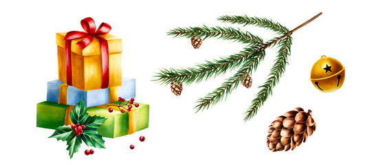 Watercolor compositions with christmas stack of gift boxes, spruce and pine branch, cedar, fir and larch cone. New year botanical illustration of realistic red berries illustrations. New year gold 