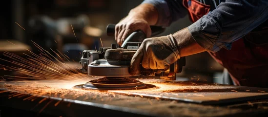 Rolgordijnen Worker's hands use a grinder to smooth a piece of metal © GoDress