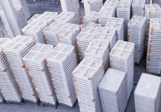 Stack of broiler doc boxes on the hatchery industry. Side top view of the chicken new born container boxs.