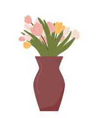 Flowers in vase concept. Bouquet in brown jug. Romantic present and gift. Beauty and elegance. Graphic element for website. Cartoon flat vector illustration isolated on white background