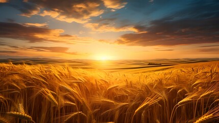 Obraz premium Golden Sunset Wheat Landscape, field, agriculture, rural, evening